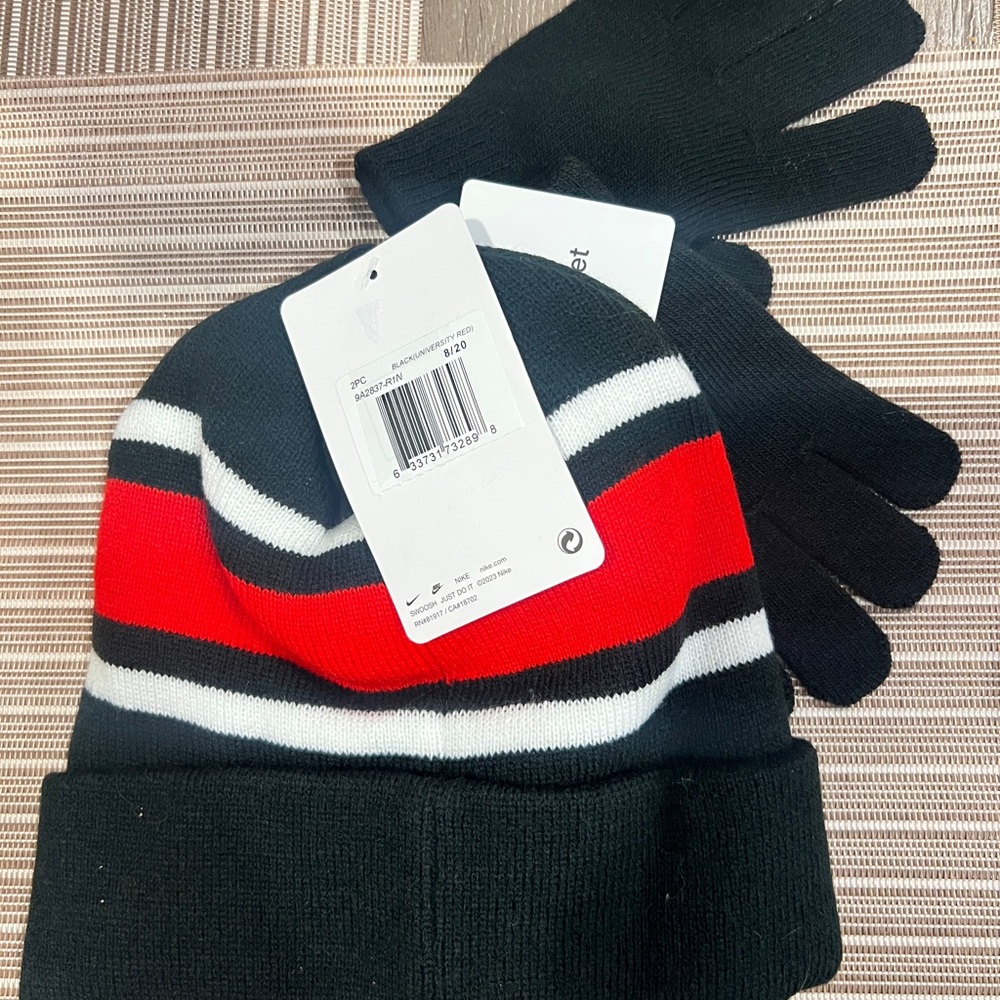 Nike Black and Red Striped Beanie and Gloves Set